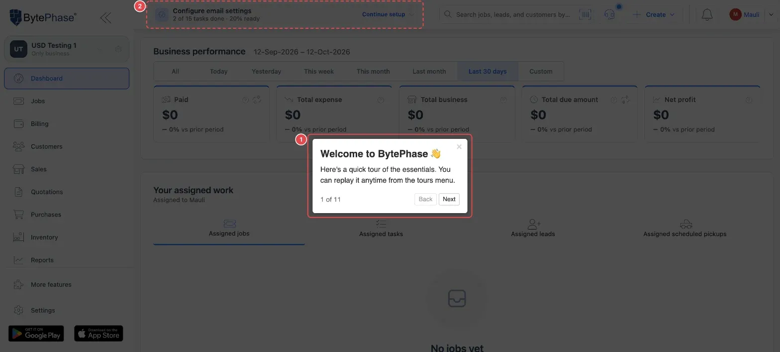 The Dashboard of a new workspace with the Welcome to BytePhase tour (1) and Continue setup at the top (2)