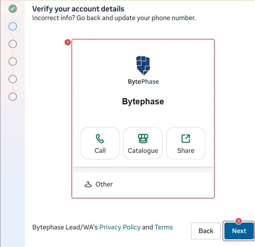 Verify your account details: the WhatsApp profile preview (1) and Next (2)