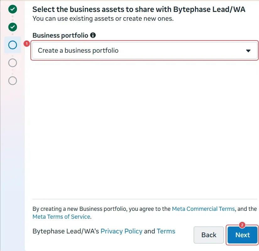 Select the business assets: Business portfolio list (1) and Next (2)