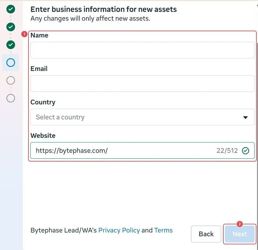 Enter business information: Name, Email, Country and Website (1), and Next (2)