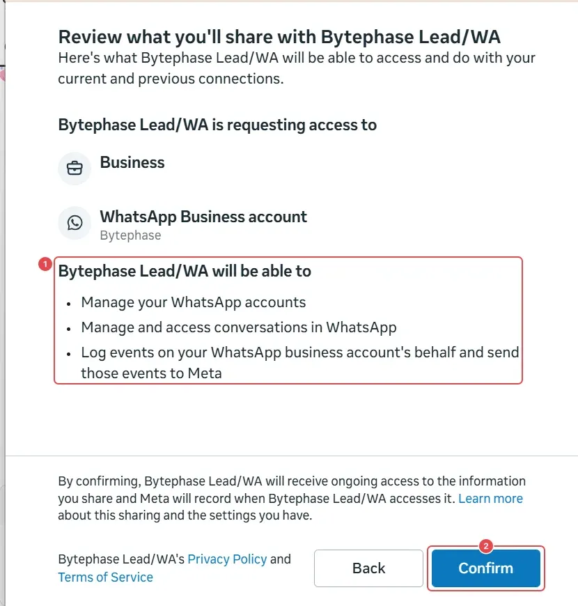 Review what you'll share with Bytephase Lead/WA: the access list (1) and Confirm (2)