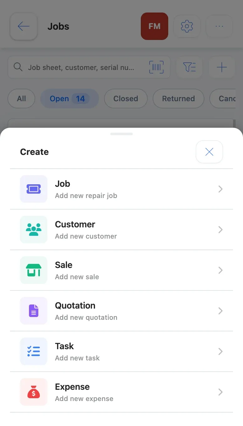 L'elenco Create aperto dal pulsante +, con Job, Customer, Sale, Quotation e altro