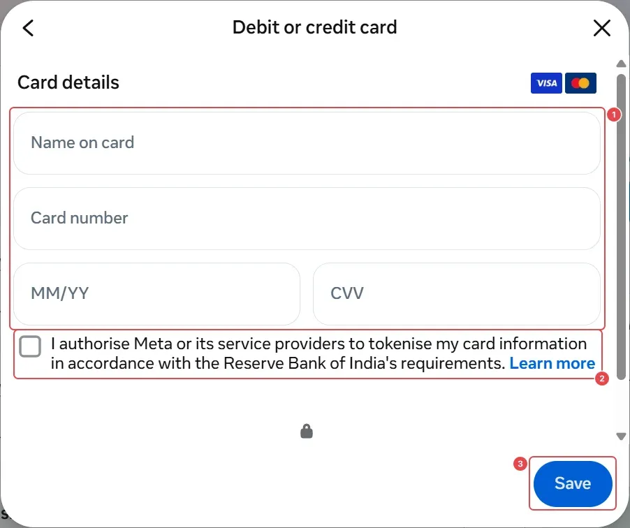 Debit or credit card: card details (1), the RBI consent box (2), and Save (3)