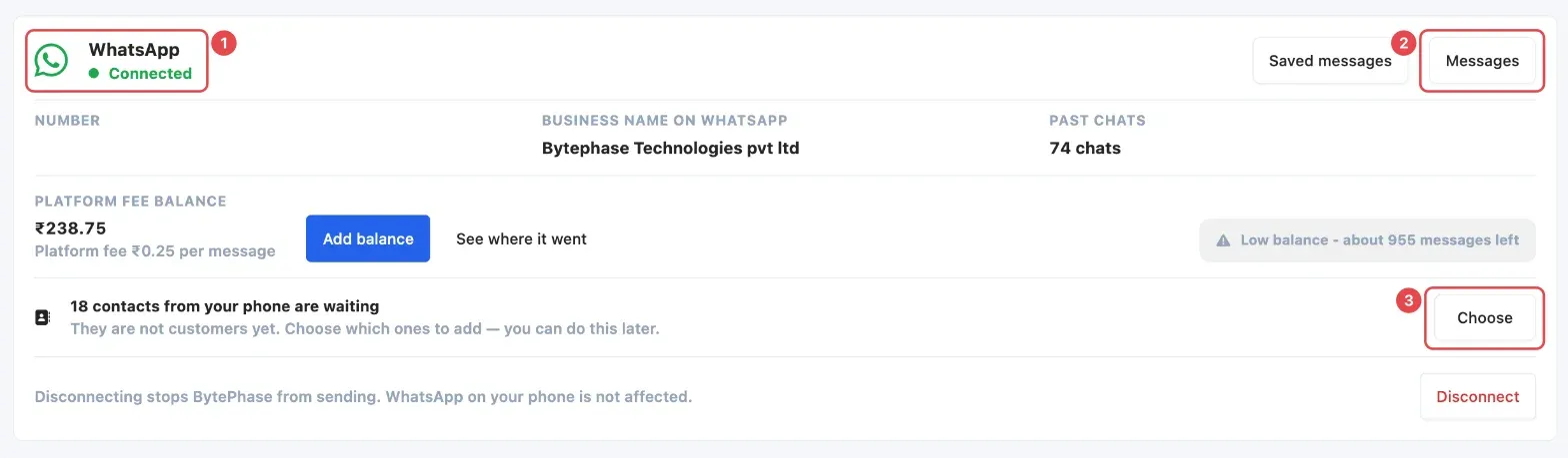 The WhatsApp page once connected: Connected (1), Messages (2) and Choose for phone contacts (3)